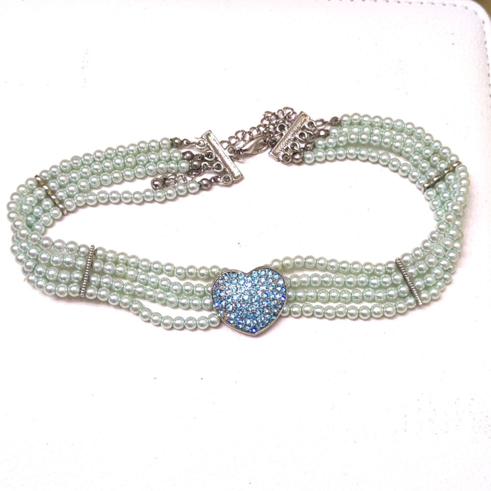 Baby Blue Pearl Heart Crystal Choker Necklace